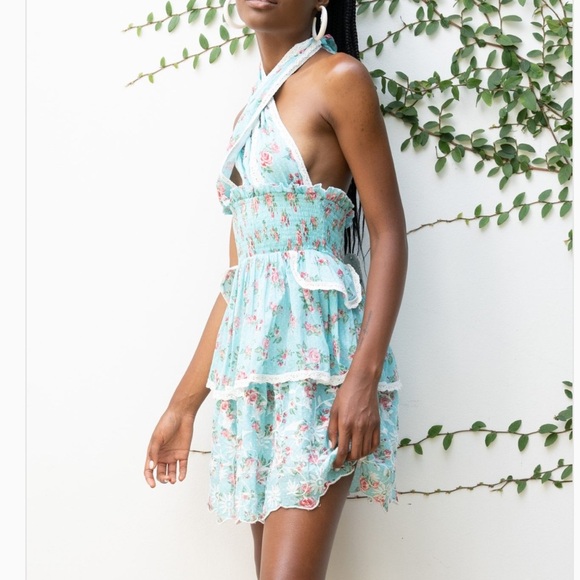 NWT Gipsy Queen Baroc Paris Floral Ruffle Tiered Halter Mini Dress Turquoise M - Picture 3 of 14